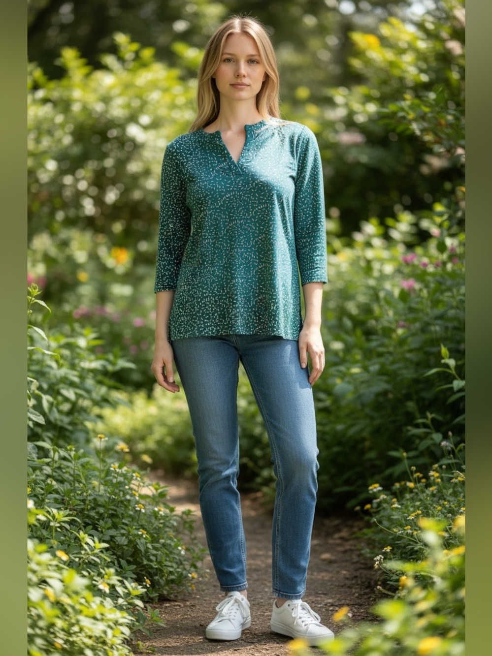 L.L. Bean Teal Speckled Notch-Neck Long Sleeve Top